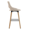 Side view of Set 2 x Scaun de Bar Inalt Premium KD Home BarLuxe Nova, Crem: premium bar stools with light beige upholstery, wooden legs, and black metal bars connecting the legs.